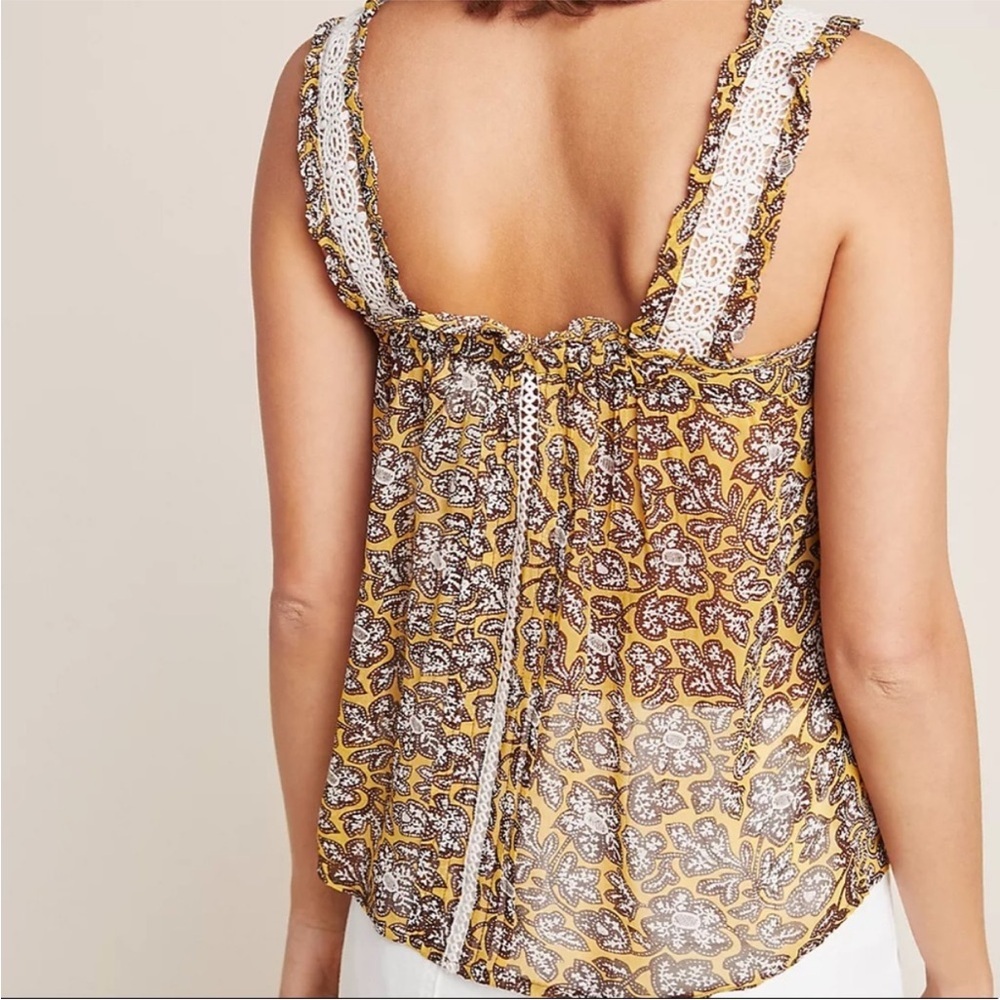 By Anthropologie Sleeveless Yellow and Brown Floral Crochet Bardot Blouse US 10 - Picture 5 of 16